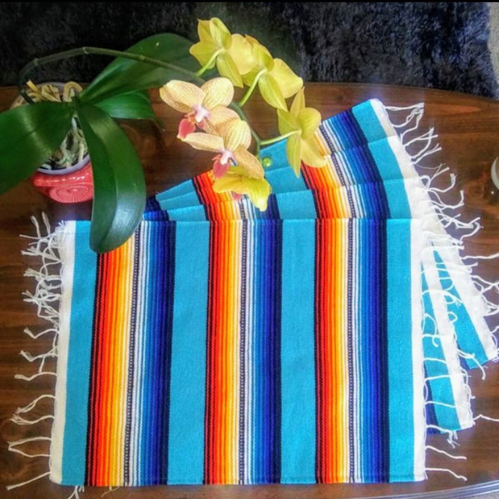 GROOVY GLAM Serape Blue Multicolored Southwestern Woven Cloth Placemats Set of 4